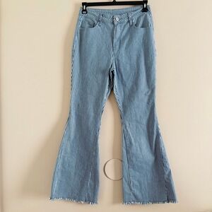 Women's Boho Jeans Large White/ Blue Striped Bell Bottom Flare Stretch High Rise